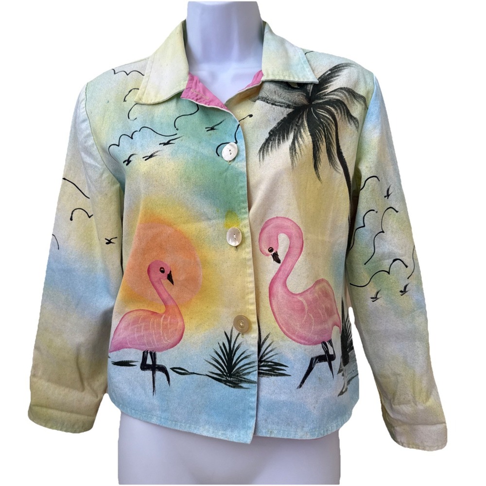 VTG Alex Kim Yellow Flamingo Lined Coat art to‎ wear Jacket Sz SP Beach Preppy